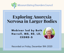 Exploring Anorexia Nervosa in Larger Bodies Webinar led by Beth Harrell, MS, RD, LD, CEDRD-S Recorded on Friday, December 18th 2020