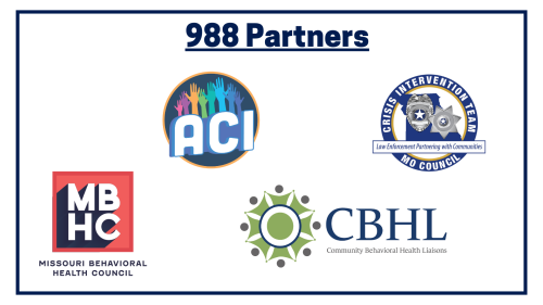 This image shows the logos of Missouri’s 988 partners: Access Crisis Intervention, Missouri Crisis Intervention Team, Community Behavioral Health Liaisons, and the Missouri Behavioral Health Council. 