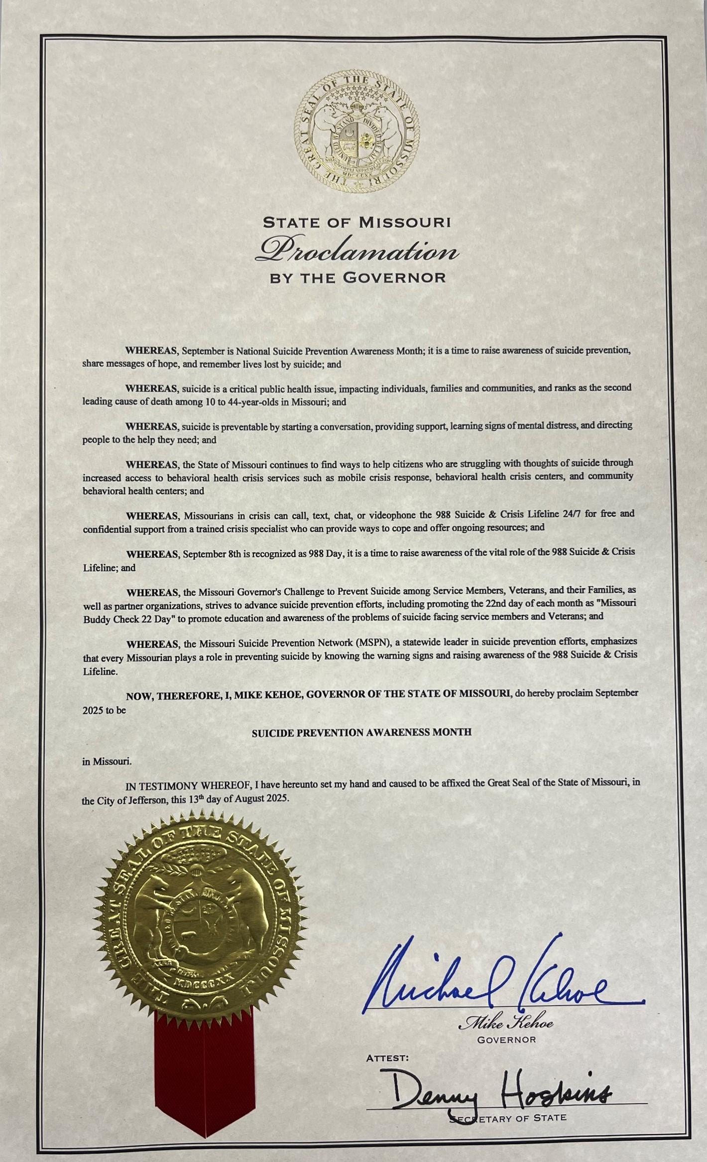 Proclamation signed by Governor Mike Kehoe on August 13, 2025, proclaiming September 2025 to be Suicide Prevention Awareness Month