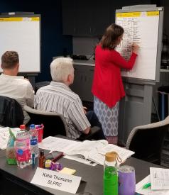 Women writing at white board