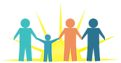 Graphic of outlined people holding hands in front of a sunset.
